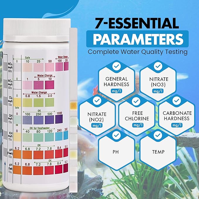 7 in 1 - Aquarium Test Strips | 100 Fast & Accurate Strips | Fish Tank Aquariums Water Test Kit & ebook | Aquarium Thermometer | Fish Tank Water Testing Kit for Fresh & Saltwater | Versatile Usage - PhishStones Products