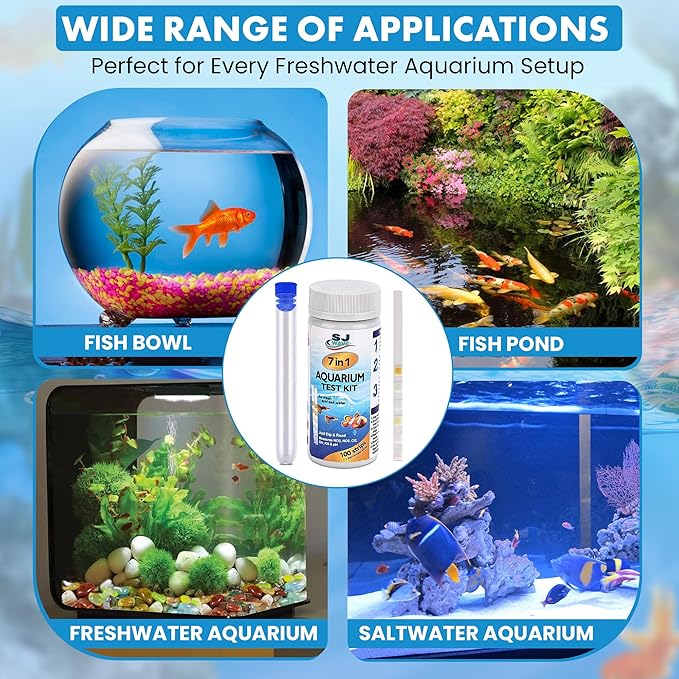 7 in 1 - Aquarium Test Strips | 100 Fast & Accurate Strips | Fish Tank Aquariums Water Test Kit & ebook | Aquarium Thermometer | Fish Tank Water Testing Kit for Fresh & Saltwater | Versatile Usage - PhishStones Products