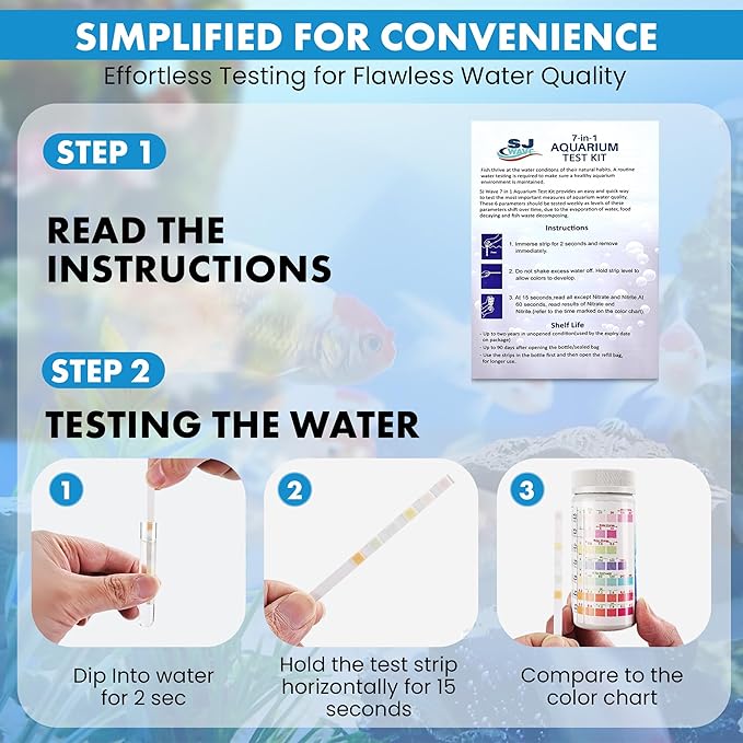 7 in 1 - Aquarium Test Strips | 100 Fast & Accurate Strips | Fish Tank Aquariums Water Test Kit & ebook | Aquarium Thermometer | Fish Tank Water Testing Kit for Fresh & Saltwater | Versatile Usage - PhishStones Products