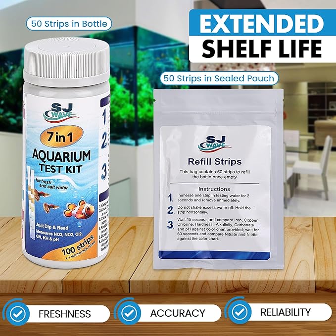 7 in 1 - Aquarium Test Strips | 100 Fast & Accurate Strips | Fish Tank Aquariums Water Test Kit & ebook | Aquarium Thermometer | Fish Tank Water Testing Kit for Fresh & Saltwater | Versatile Usage - PhishStones Products