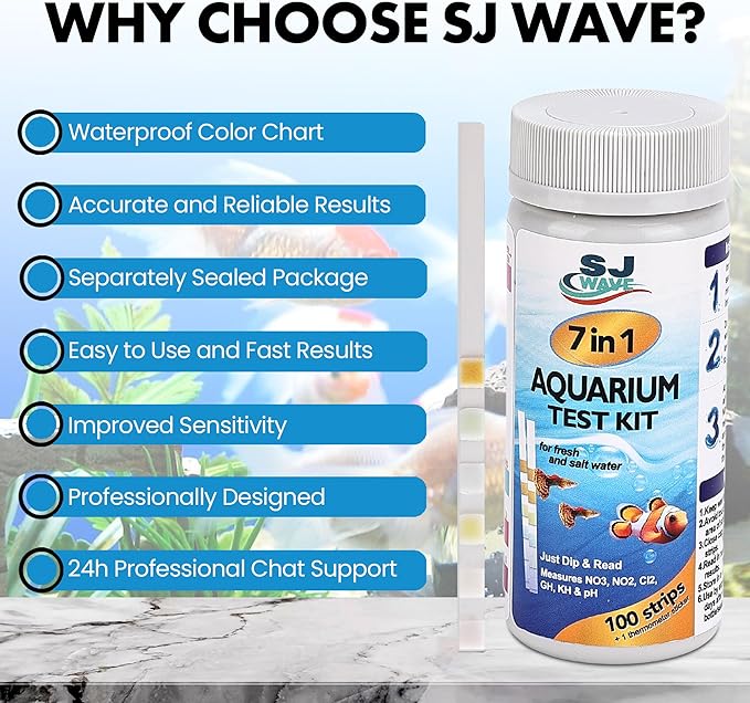 7 in 1 - Aquarium Test Strips | 100 Fast & Accurate Strips | Fish Tank Aquariums Water Test Kit & ebook | Aquarium Thermometer | Fish Tank Water Testing Kit for Fresh & Saltwater | Versatile Usage - PhishStones Products