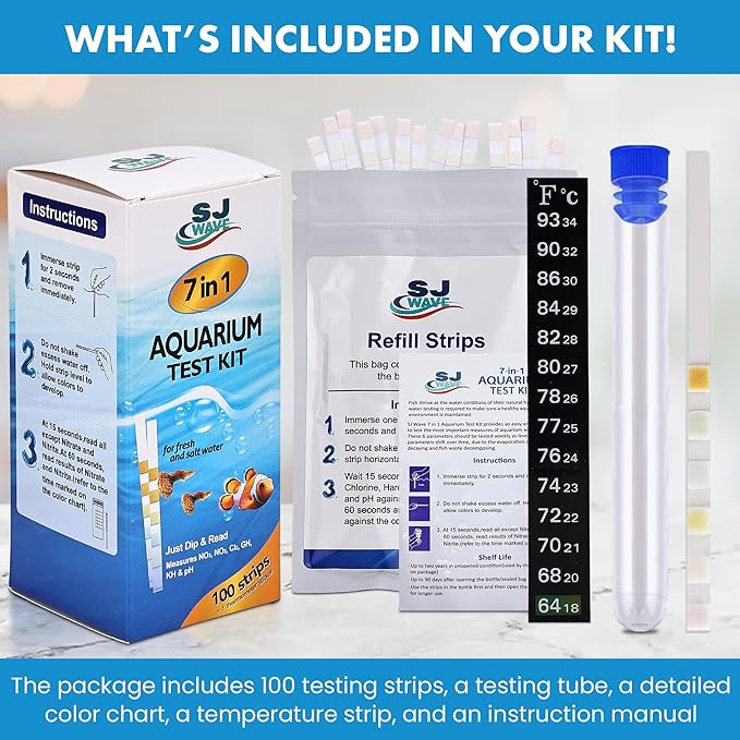 7 in 1 - Aquarium Test Strips | 100 Fast & Accurate Strips | Fish Tank Aquariums Water Test Kit & ebook | Aquarium Thermometer | Fish Tank Water Testing Kit for Fresh & Saltwater | Versatile Usage - PhishStones Products