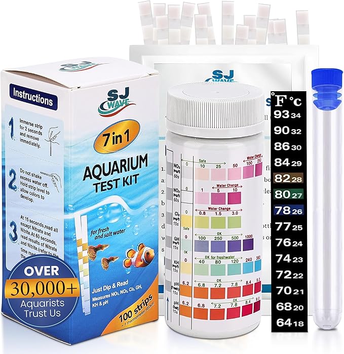 7 in 1 - Aquarium Test Strips | 100 Fast & Accurate Strips | Fish Tank Aquariums Water Test Kit & ebook | Aquarium Thermometer | Fish Tank Water Testing Kit for Fresh & Saltwater | Versatile Usage - PhishStones Products
