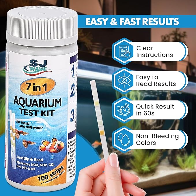 7 in 1 - Aquarium Test Strips | 100 Fast & Accurate Strips | Fish Tank Aquariums Water Test Kit & ebook | Aquarium Thermometer | Fish Tank Water Testing Kit for Fresh & Saltwater | Versatile Usage - PhishStones Products