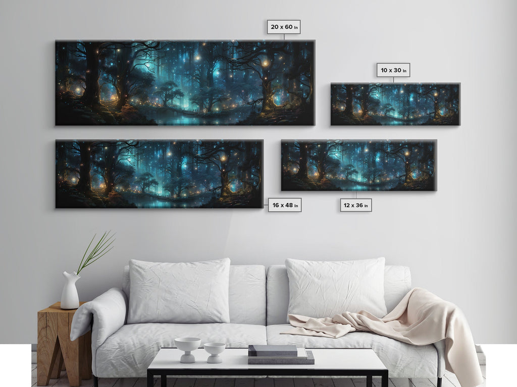 Fantasy Forest Print - Lightning Bugs Light Up The Forest At Night - Framed Canvas Print - Beautiful Fantasy Art - Framed Wall Art Fireflies
