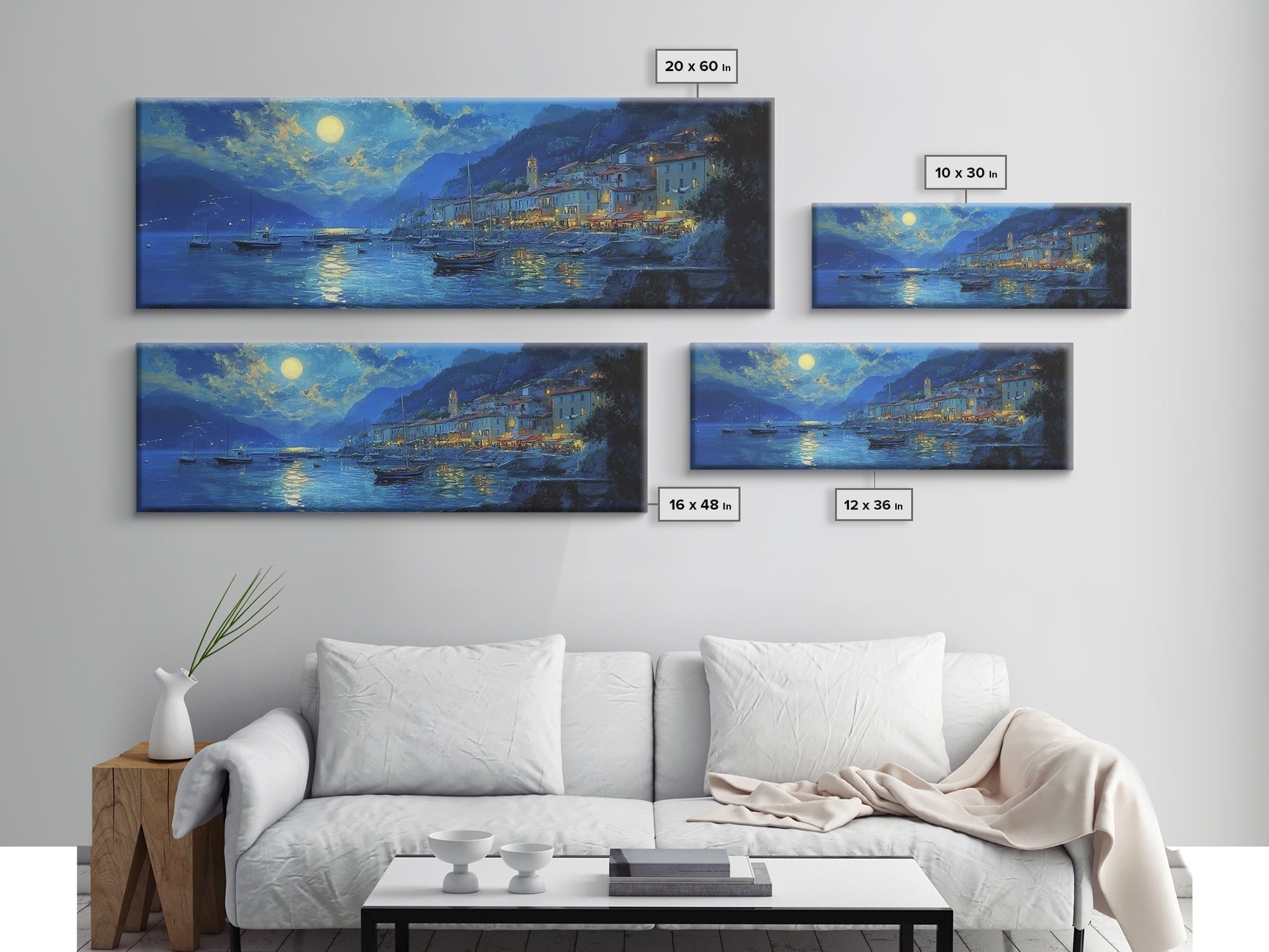 Midnight in Italy - Full Moon - Italian Oil Painting Canvas Print - Whimsical / Eclectic Landscape Painting - Minimalist Boho Home Decor