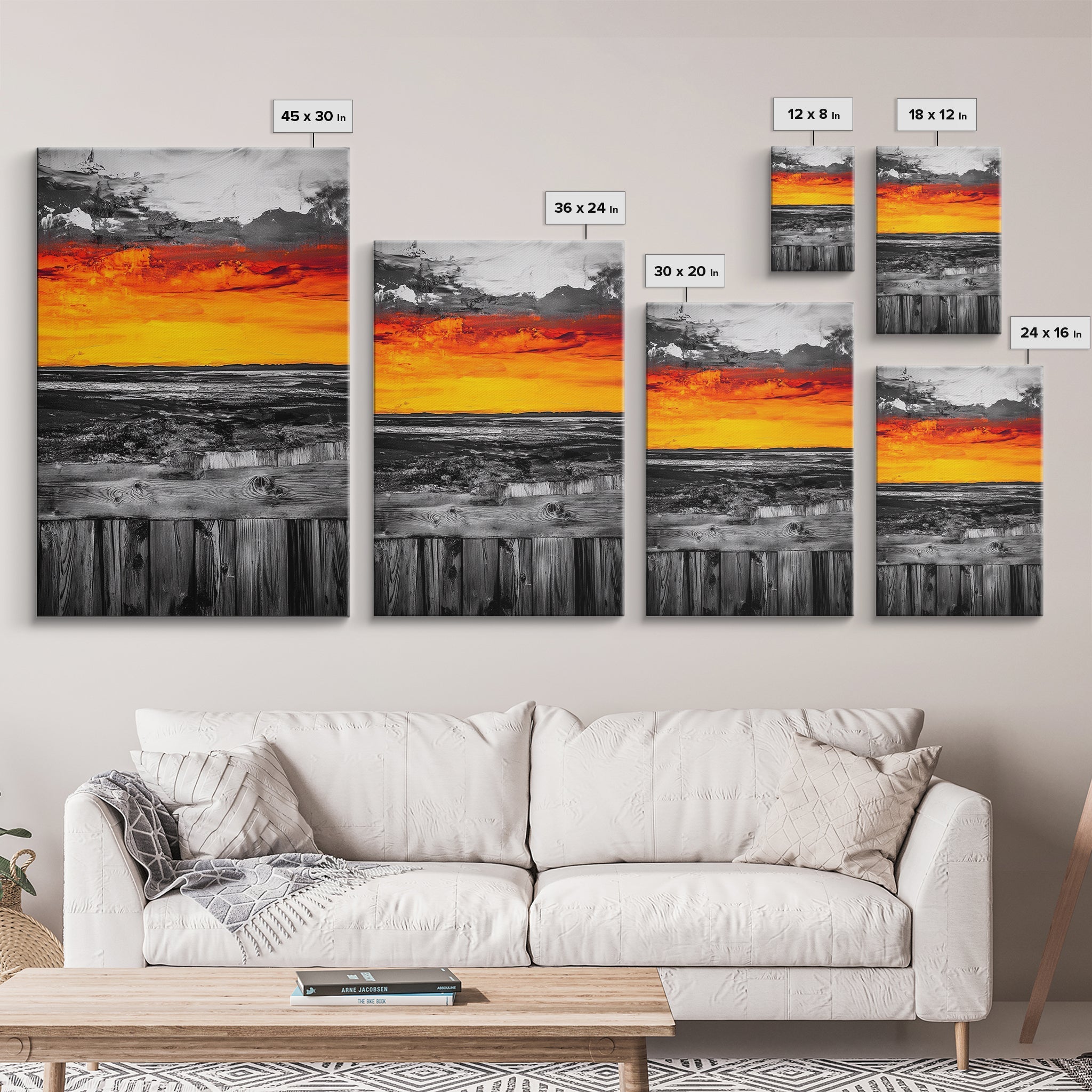 Sunset Landscape, Rustic Fence, Fiery Sky Art, Bold Color Wall Art, Abstract Nature Scene, Canvas Print, Boho Home Decor
