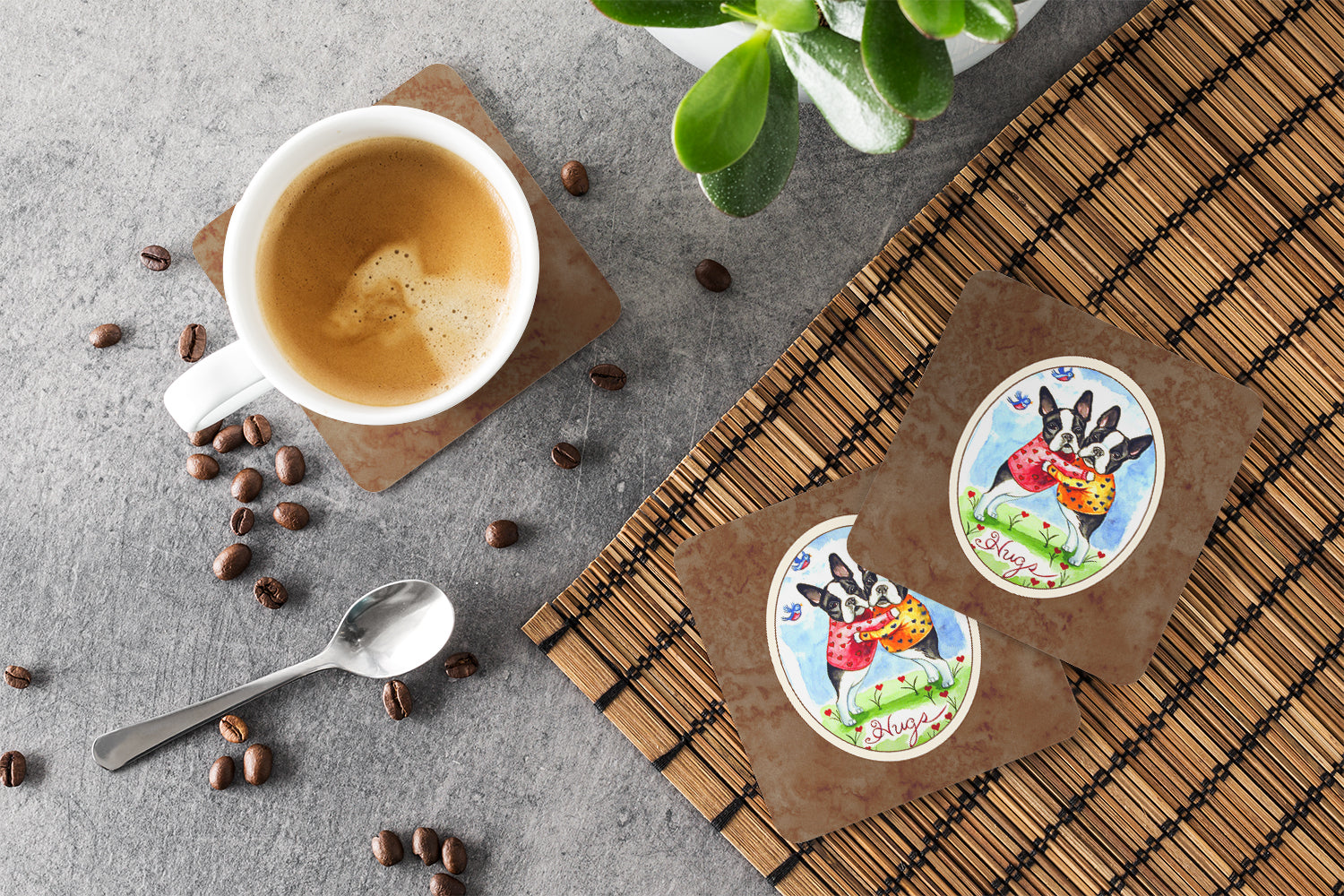 Hugs Boston Terrier Foam Coasters Set of 4 Cup Coasters for Indoor Outdoor, Tabletop Protection, Anti Slip, Mouse pad Material