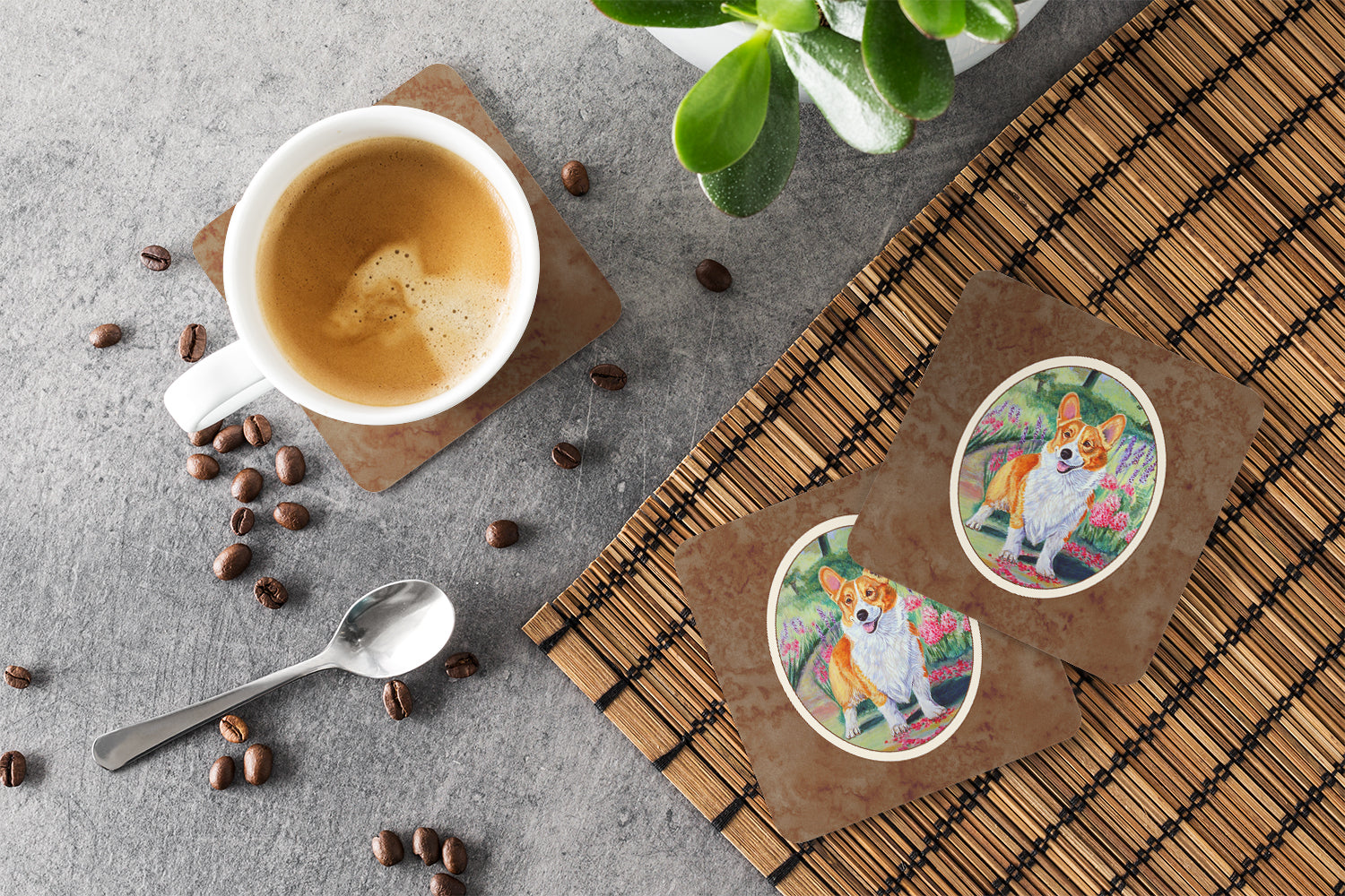 Pembroke Corgi Springtime Foam Coasters Set of 4 Cup Coasters for Indoor Outdoor, Tabletop Protection, Anti Slip, Mouse pad Material