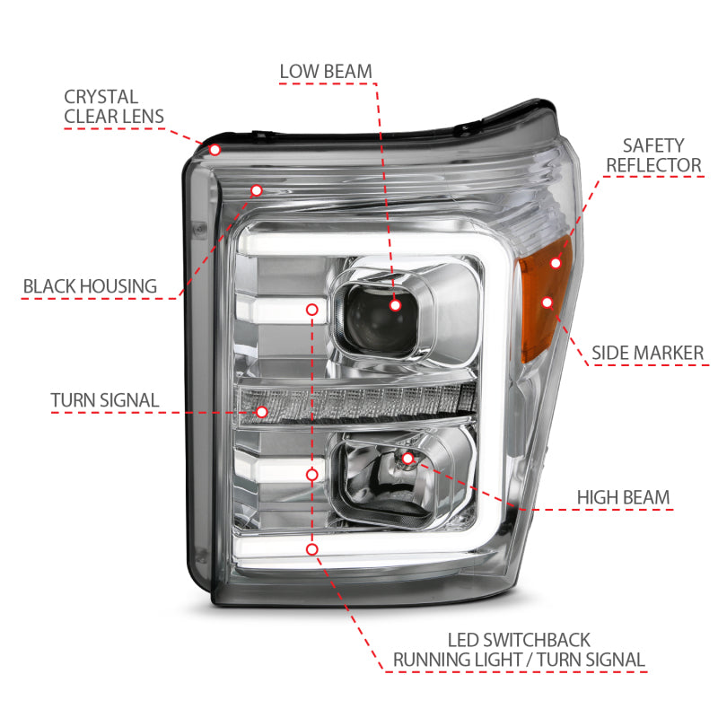 ANZO 11-16 Ford F-250/F-350/F-450 Projector Headlights w/ Plank Style Switchback Chrome w/Amber 111407
