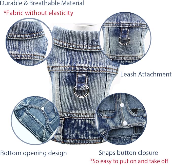 Puppy Clothes for Small Dogs Boy,Classic Western Denim Dog Coat,Dog Jeans Jacket with Leash D-Ring,Pet Cat Costumes,Cooling Harness Vest for Walking (Blue, X-Small)