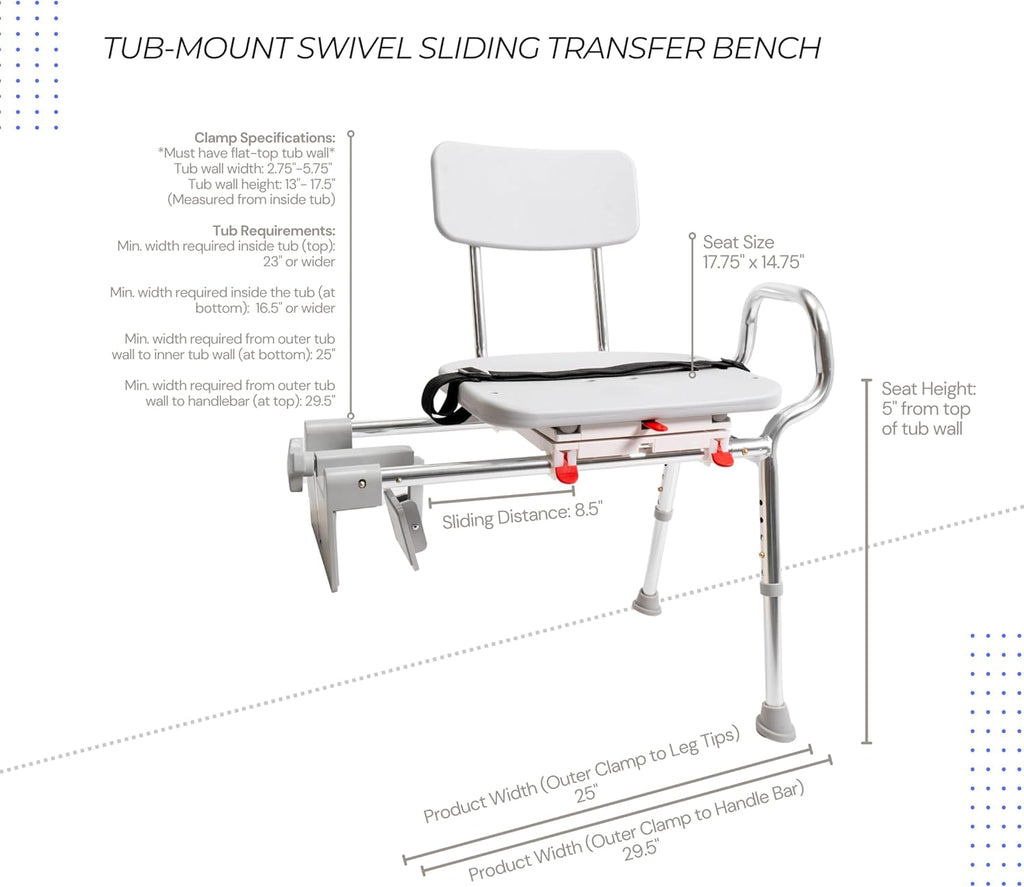 Tub-Mount Swivel Transfer Bench, Weight Capacity 350 LBs, for Safety Shower, for Elderly & Disabled
