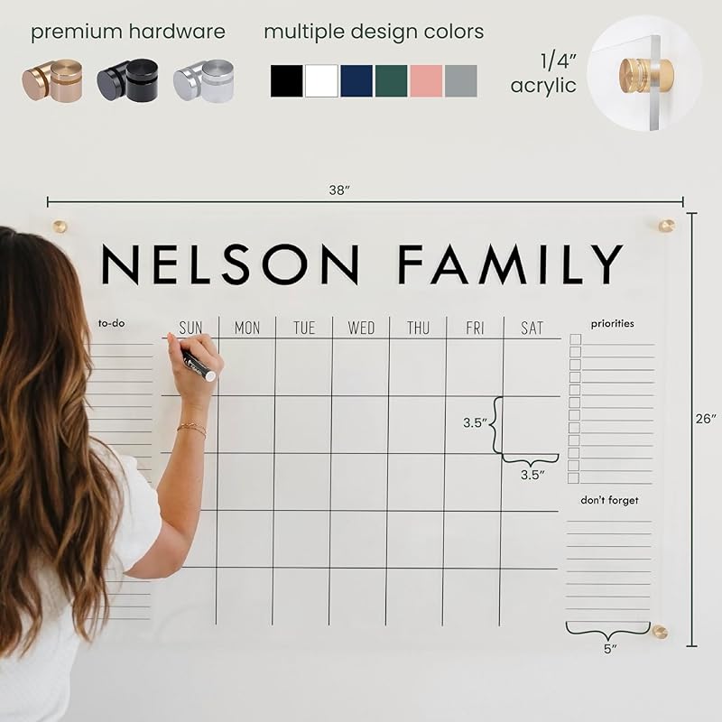 Personalized Clear Acrylic Calendar for Wall, Calendar Whiteboard for Wall, Dry Erase Wall Calendar, Wall Calendar Organizer System for Home (Block, Grey, 38"W x 26"H)
