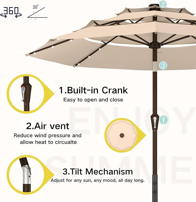 Kingdura 9ft 3-Tier Patio Umbrella with Solar Lights, Table Umbrella Outdoor Patio with Easy Crank & Tilt, 8 Sturdy Ribs, UV Protection, 32 LED Lights for Deck, Poolside, Market (Beige)