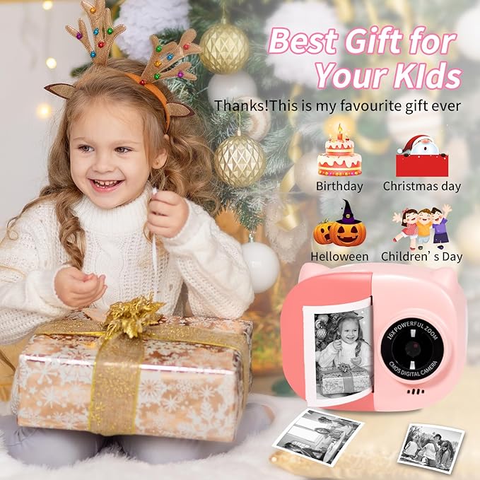 Instant Print Camera Toy for Kids, Girls Birthday Gifts for 3 4 5 6 7 8 Year Old Learning Music Story Player, 1080P HD Dual-Lens Creative Instant Camera (Pink)