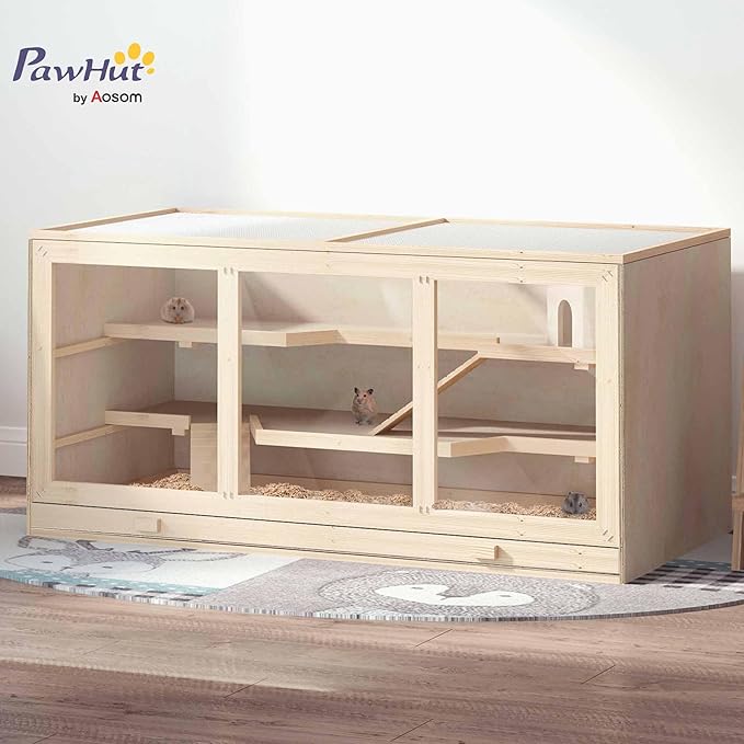 PawHut 45" Extra Large Wooden Hamster Cage, 3-Layer Chewproof Rat Cage with Opening Roof, Hut, Ramps, for Gerbil, Dwarf & Syrian Hamsters, Natural