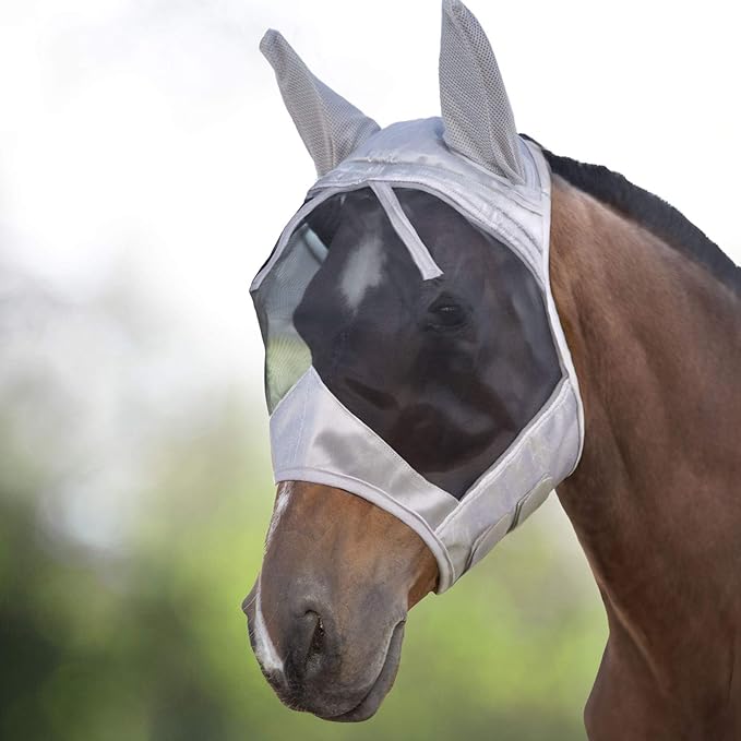 Harrison Howard CareMaster UV-Proof Great Air Flow Fly Mask Standard with Ears Silver/Black Retro