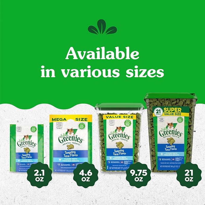Greenies Feline Adult Dental Cat Treats, Tempting Tuna Flavor, 9.75 oz. Tub