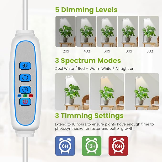 Grow Lights for Indoor Plants, 80 LEDs Full Spectrum Plant Lights for Indoor Growing with 2 Mounting Options, 6H 12H 16H Timer, 3 Spectrum Modes, 37 in Height Adjustable Grow Lamp, 2 Pack