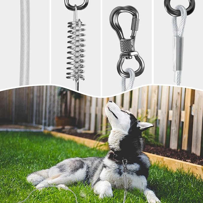 Tresbro 40 FT Dog Tie Out Cable with Spring, Shock Absorbing Tether Chains for Outside Aavilable in 10/15/20/25/30/40/50/70/100/120 FT, Heavy Duty Leads for Yard for Medium & Large Dogs Up to 500 LBS
