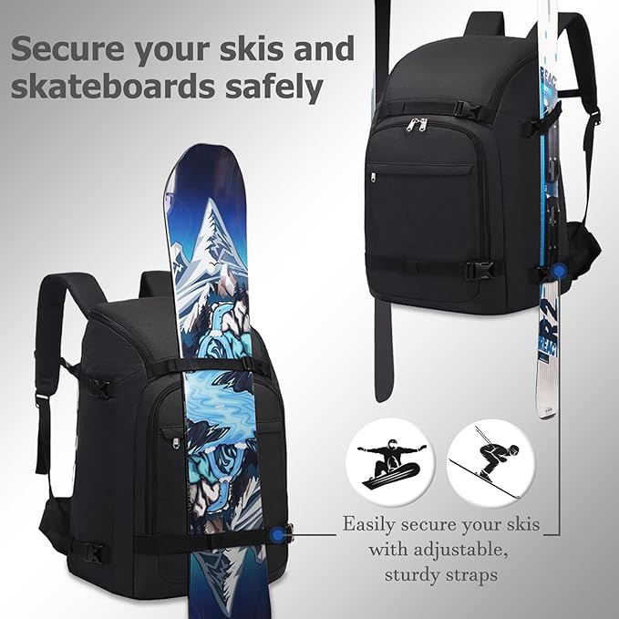 JIANYA Ski Boot Bag, 50L Waterproof Travel Backpack for Snowboard, Ski Helmet, Goggles, Gloves & Accessories, Black