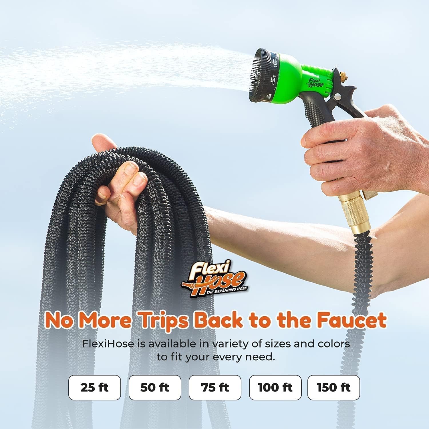 Flexi Hose PLUS with 8 Function Nozzle Expandable Garden Hose, Lightweight & No-Kink Flexible Garden Hose, 3/4 inch Solid Brass Fittings and Double Latex Core, 100 ft Black