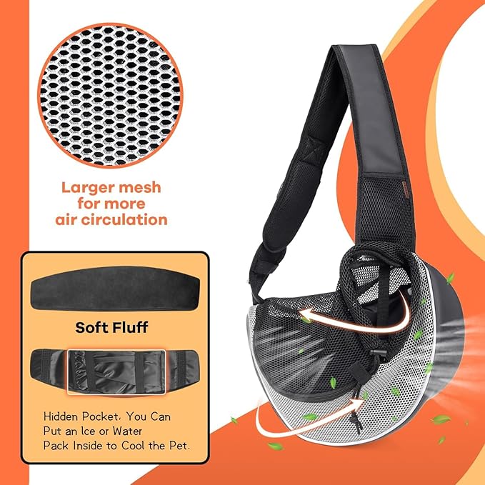 YUDODO Pet Sling Carrier for Small Dogs & Cats – Hands-Free Puppy Carrier with Safety Hook, Large Zipper Pocket, Soft Breathable Mesh, Adjustable Strap & Reflective Strip (Gray 3.0 M)
