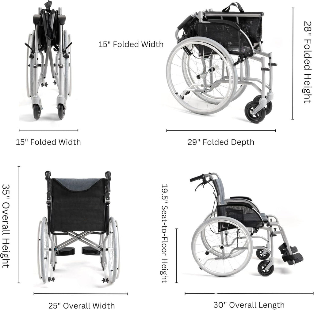Gray Lightweight Folding Wheelchair 13.5 lbs - with Swingaway Legrests, Anti-tippers, and Quick Release Wheels - 250 lb Capacity