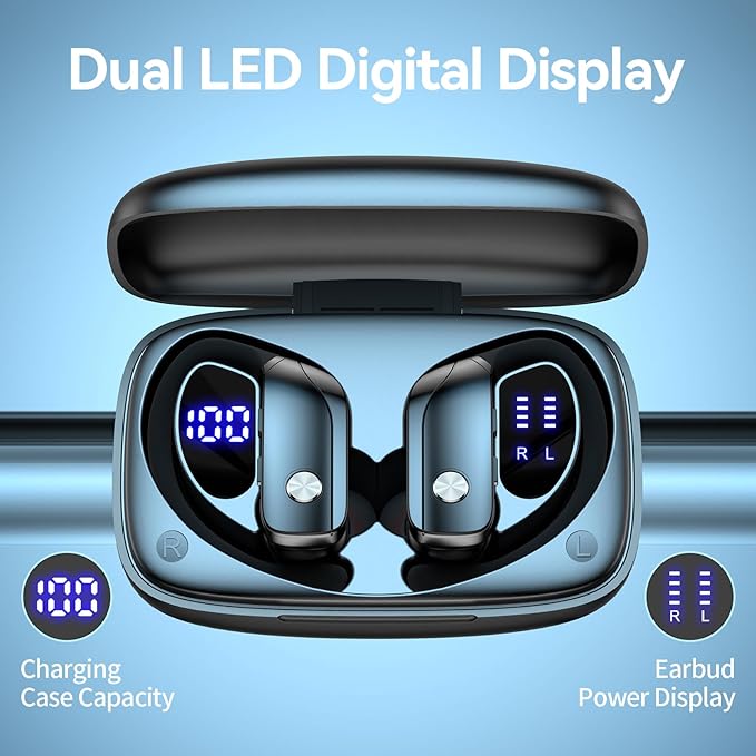 bmani Ear Buds Wireless Earbuds Bluetooth Headphones with 80H Playtime LED Display Case, Over-Ear Hook with Mic, Stereo Sound, Easy Button Controls, Sports Earphones for Running Workout Gym Black