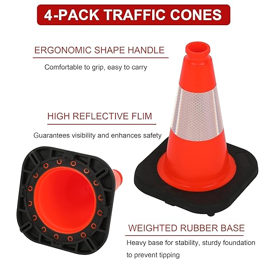 OrangeStar 12" Traffic Cones 4-Pack, Orange Safety Cones with Reflective Collar & Heavy Duty Base for Driving Practice, Parking Lots, Roadwork, Construction | Indoor & Outdoor Use
