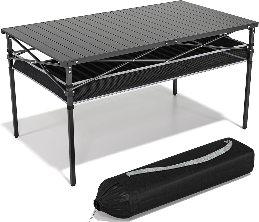 Folding Camping Table, Aluminum Roll-up Table with Storage Net and Carrying Bag, Outdoor Lightweight Camp Table for Picnic, Camping, Beach,Backyard, BBQ, Party, Patio