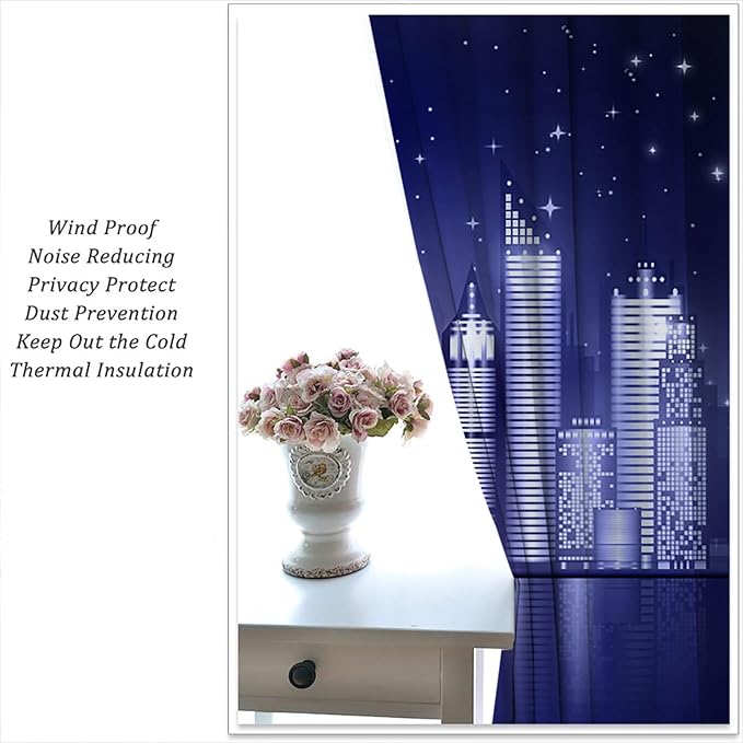 City Rod Pocket Blackout Curtains for Boy Girl Bedroom, New York Skyline Modern City Starry Sky Night View Thermal Insulated Home Window Drapes for Living Room Darkening, 84x72 inch