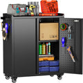 Garage Storage Cabinet with Wheels & Pegboard, 34.3" H Locking Metal Tool Storage Cabinet with Doors and Shelf & 4 Hooks for Garage, Home, Workshops, Assembly Required, Black