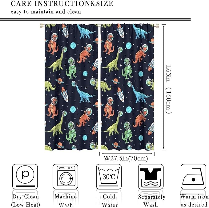 Cartoon Dinosaur Curtains for Kids Boys Girls Home Decor, Astronaut Rocket Funny Outer Space Blackout Rod Pocket Window Drapes for Bedroom Living Room W27.5xL63in 2 Panels