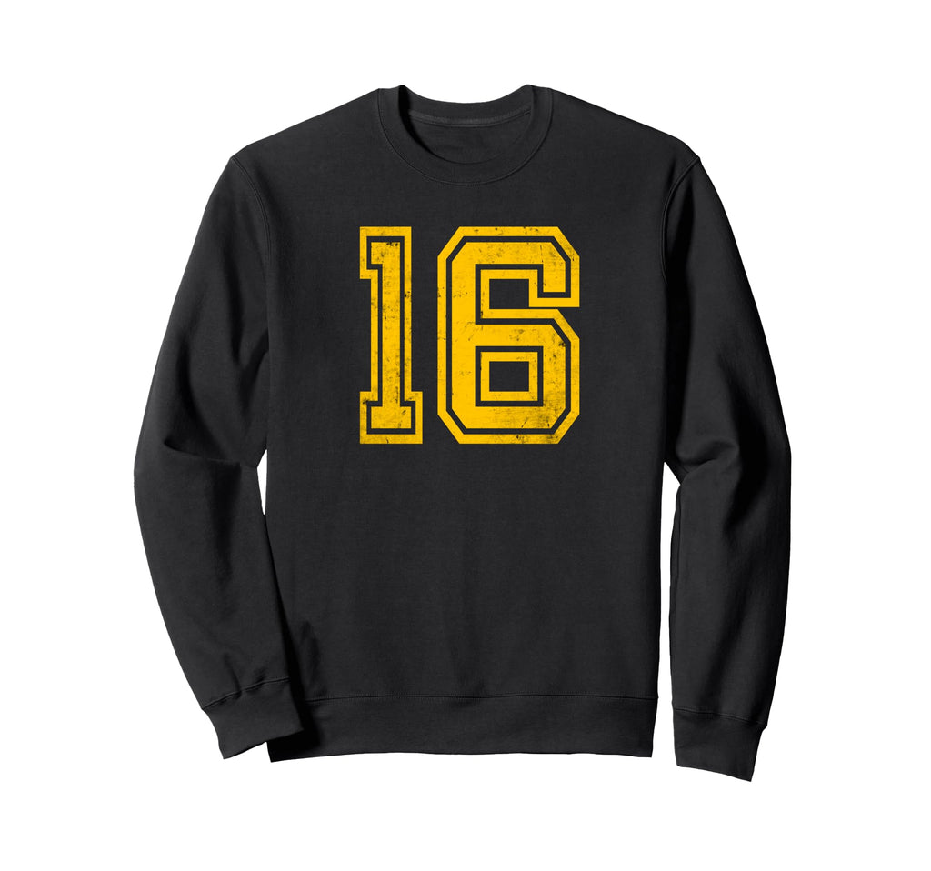 Yellow Distressed Sport Team Number 16 Sweatshirt - Unique Graphic Unisex