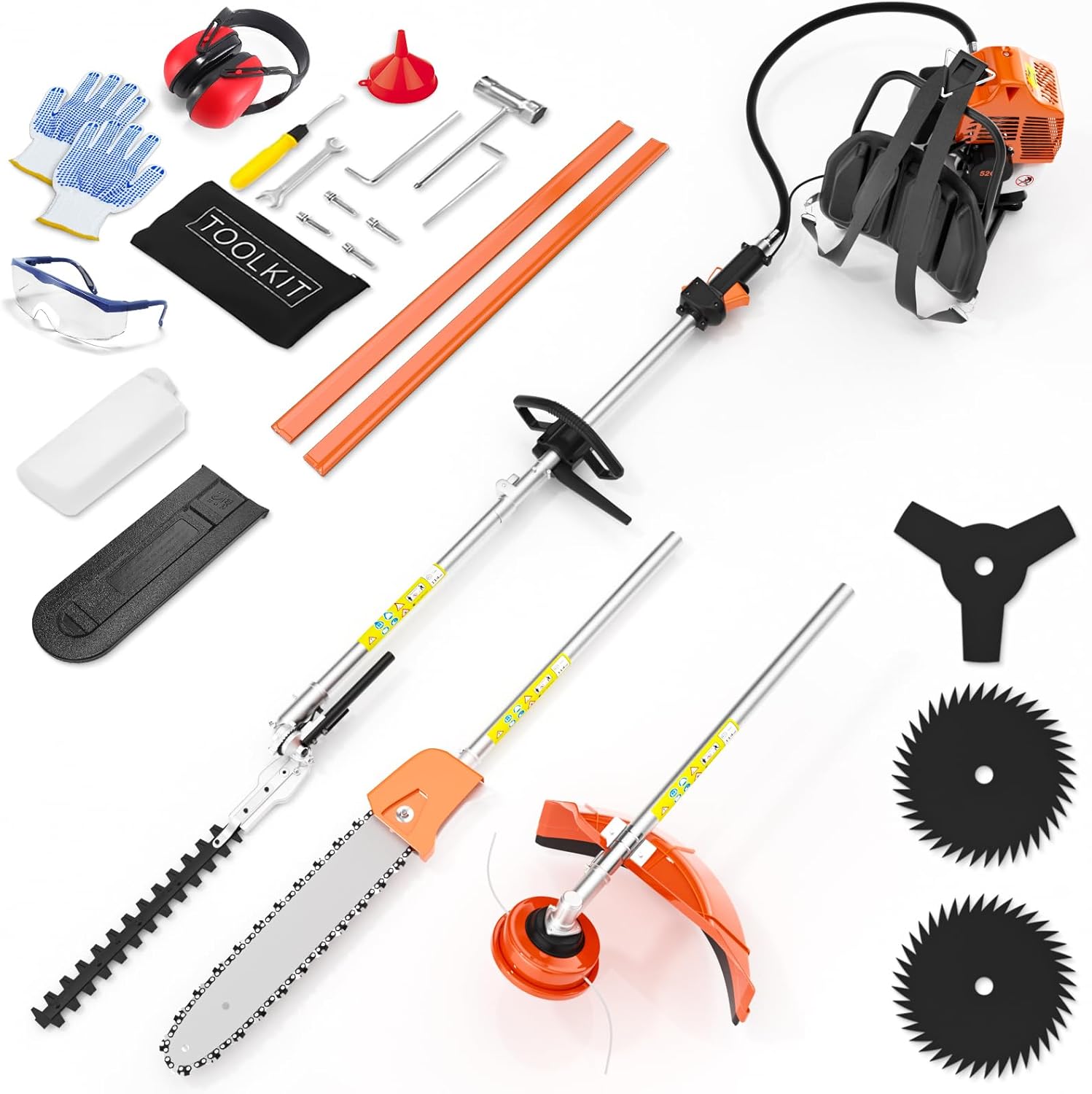 6 in 1 52cc Brush Weed Cutter Petrol Hedge Trimmer Grass Pruner Chainsaw Trimmer with Four Mowing Heads for Gardening Care