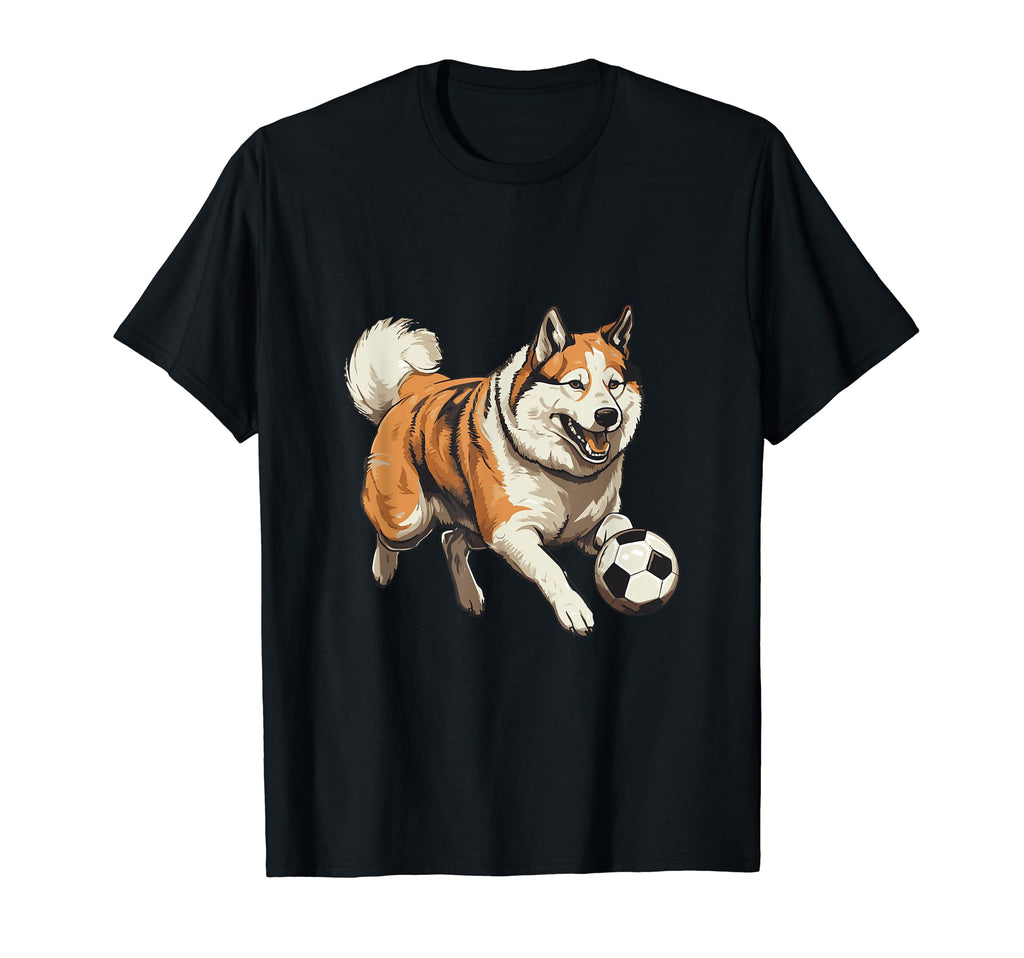 Akita Dog Playing Soccer Funny Animal T-Shirt - Novelty Apparel Unisex