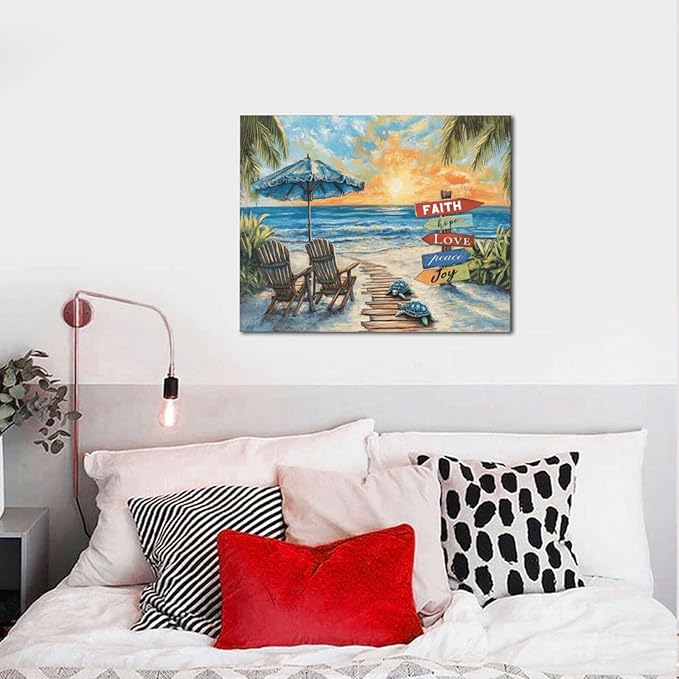 Beach Ocean Bathroom Pictures Wall Art, Seaside Coastal Bathroom Wall Decor, Sunrise Framed Painting Canvas Artwork for Bedroom Living Room Decorations 20"L x 16"W