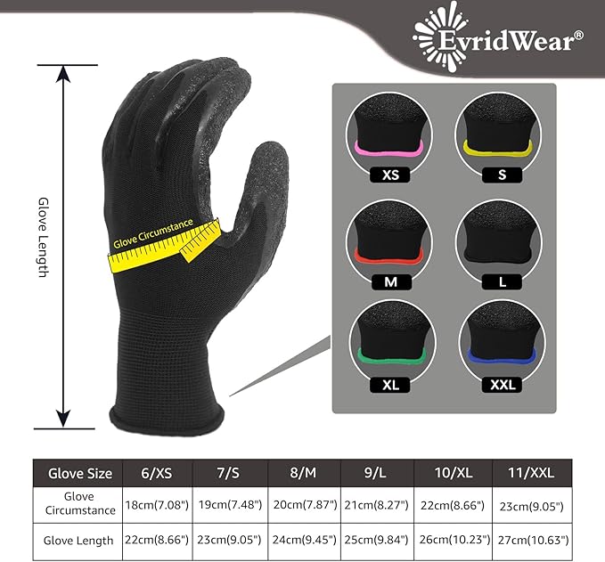 Evridwear Crinkle Latex Rubber Hand Coated Safety Work Gloves for Men Women General Multi Use Construction Warehouse Gardening Assembly Landscaping (XS-Size) 12 Pairs Pack