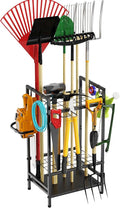 Garden Tool Organizer Rack for Garage, Yard Tool Tower Rack Organizer, Tools Stand Storage with Hooks Black Metal Garden Tools Holder for Yard Shed Garage Organization