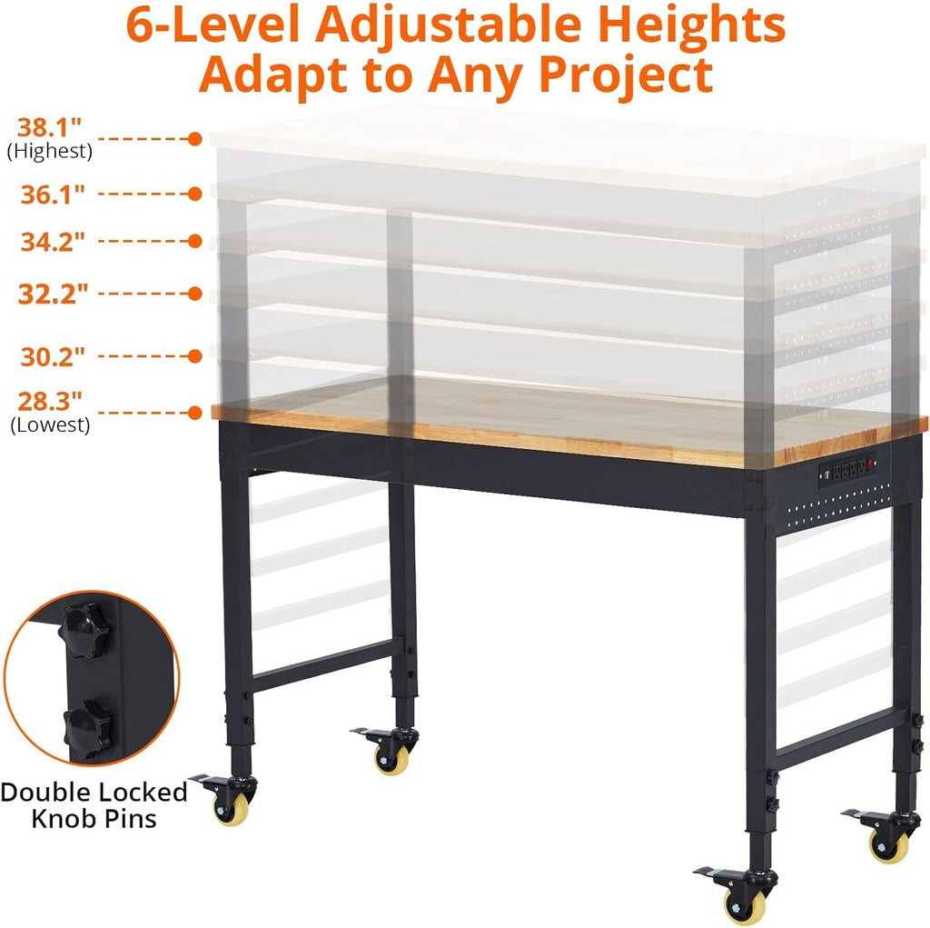 75'' Adjustable Workbench on Wheels, 2000LBS Heavy Duty Worktable with Power Outlets, Rubberwood Workstation for Workshop, Garage, Office, Home