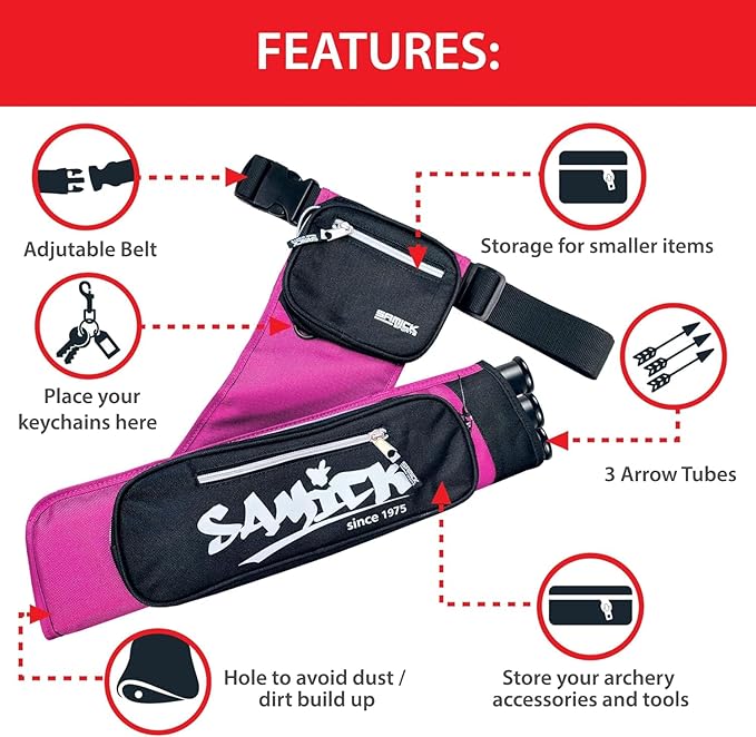 Archery Arrow Quiver - Adjustable Waist Hanged Quiver with 3 Removable Tubes & Pockets for Archery Arrows Case & Equipment - Ideal for Hunting & Target Practice - Right Handed Only