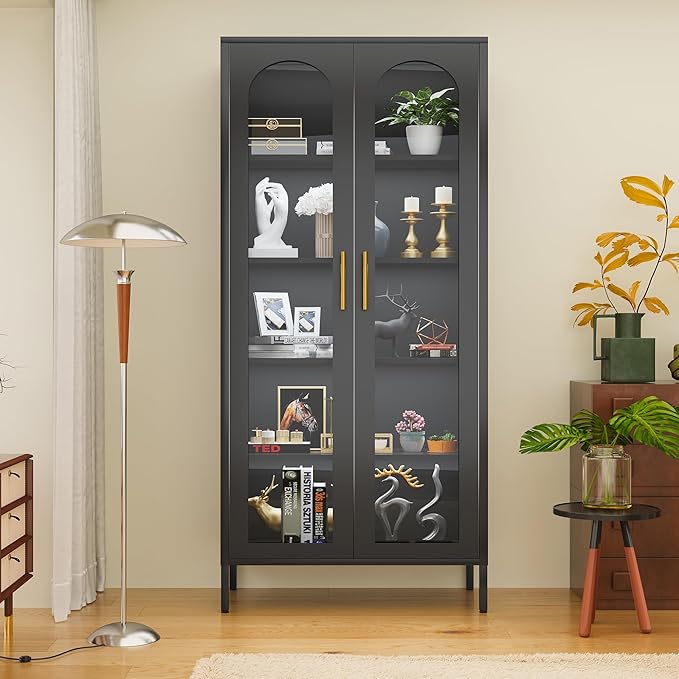 71" Tall Display Cabinet, 5-Tier Bookshelf with Doors & Adjustable Shelf, Modern Storage Cabinets Ideal for Book, Wine, Collectibles, Free Standing Bookcase for Home, Office, Living Room