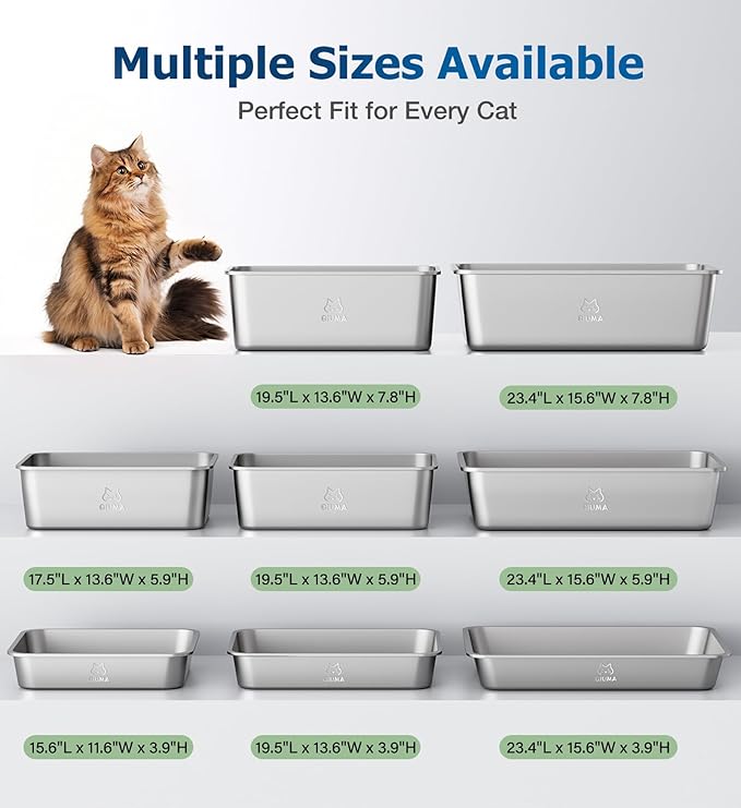 2 Packs Stainless Steel Cat Litter Box, 17.5" L×13.6" W×5.9" H, Metal Kitty Litter Box with High Sided for Small Cats, Non-Stick, Easy to Clean, Odor-Free