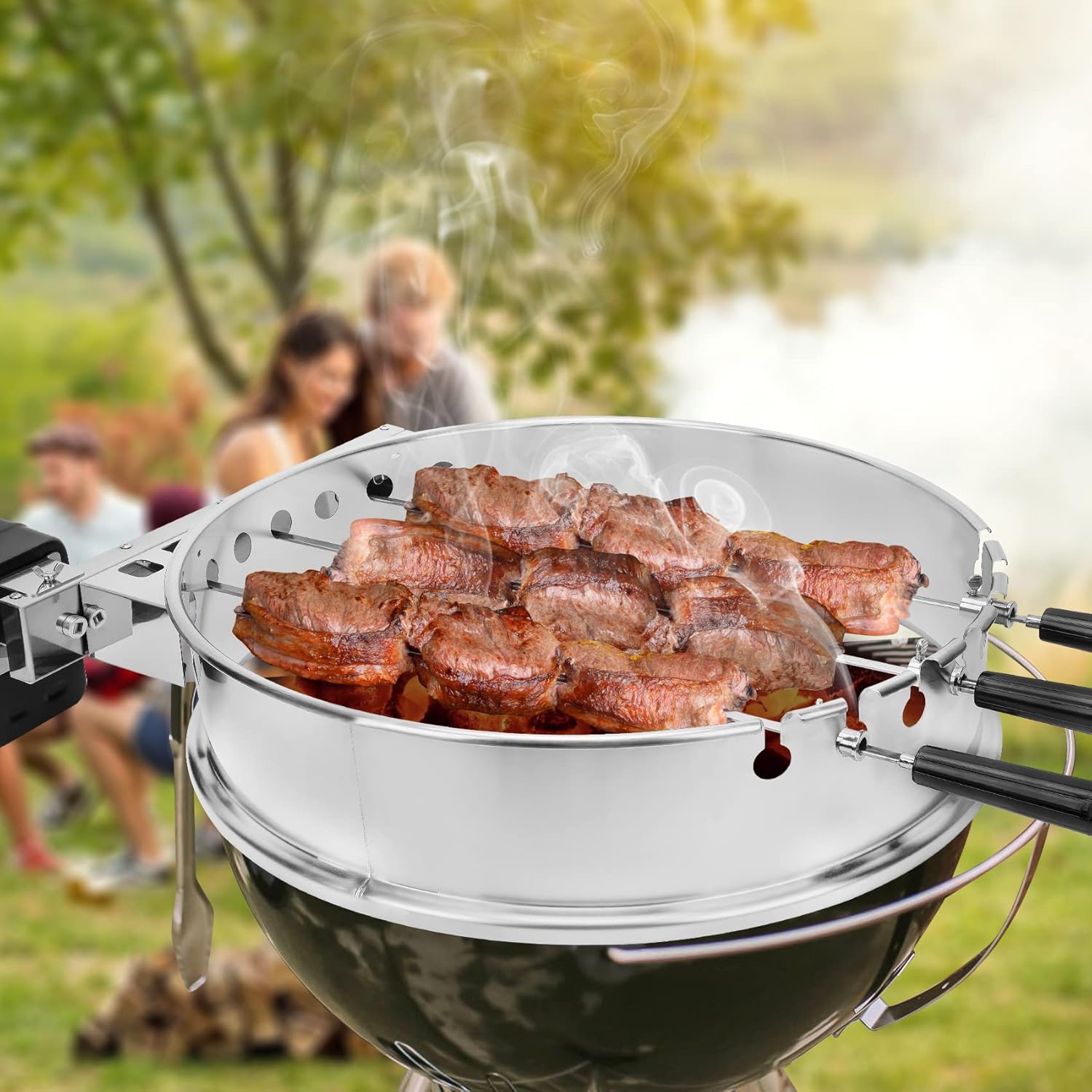 onlyfire Shish Kabob Set with Stainless Steel Ring, Automatic Skewers Turner for Weber 22" Kettle and Other Similar Kettle Grills