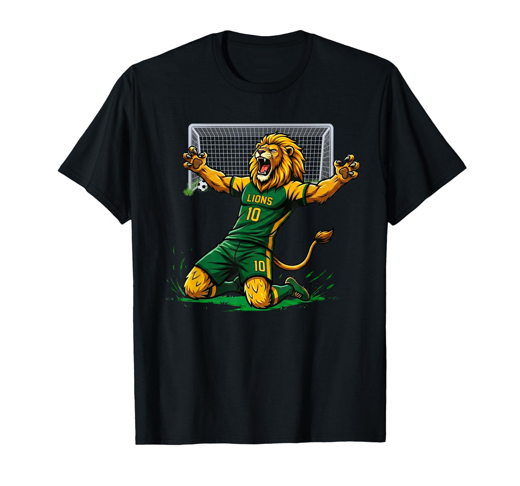 Lion Soccer Player Score Goal T-Shirt - Casual Everyday Wear for Adults