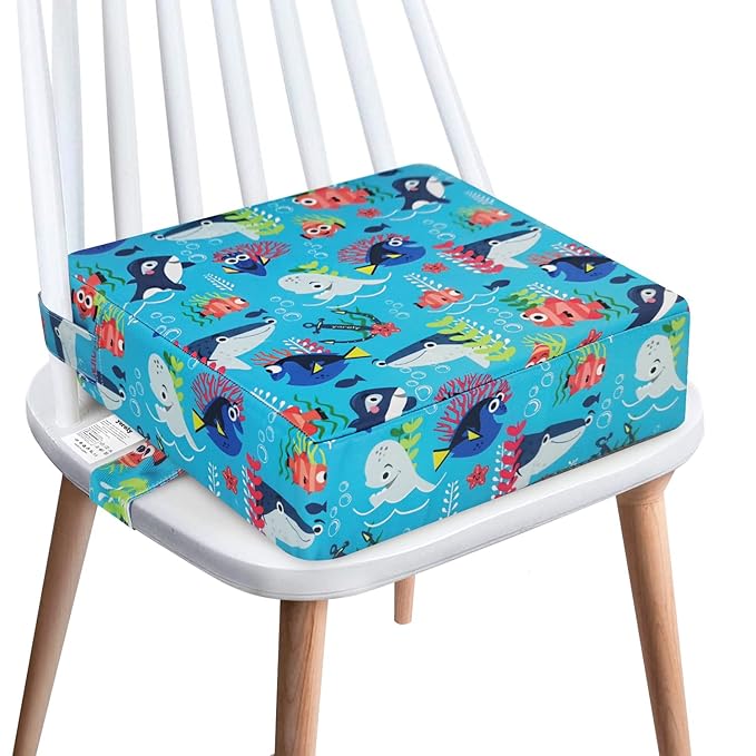 Toddler Booster Seat for Dining Table,4 Inches Washable Double Safer Straps Non-Slip Bottom Booster Seat for Kids, Portable Travel High Density Sponge Detachable Increasing Cushion for Child