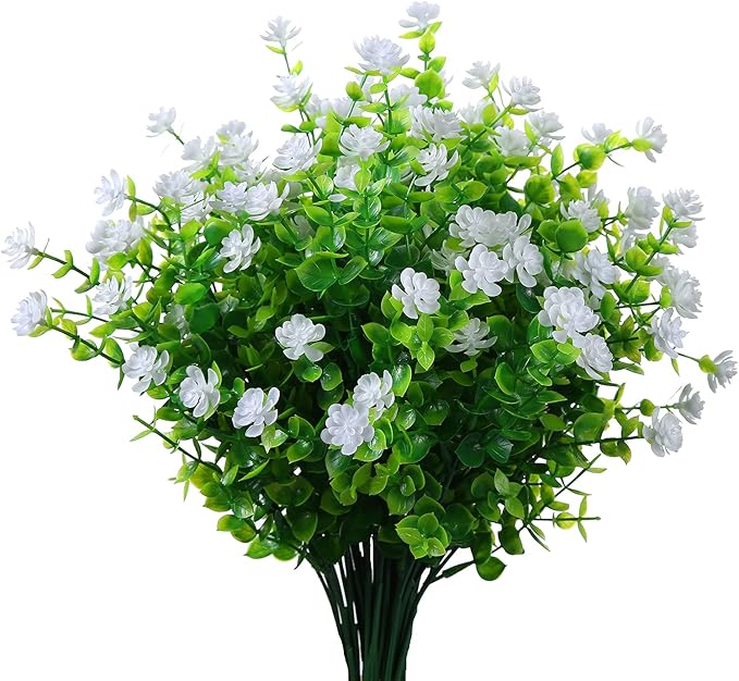 Artificial Plants Flowers Grass Shrubs 8 Pack No Fade Faux Plastic Flowers Outdoor for Vases Farmhouse Garden Porch Patio Office Indoor Wedding Decoration Greenery Fake Plants (2#White)