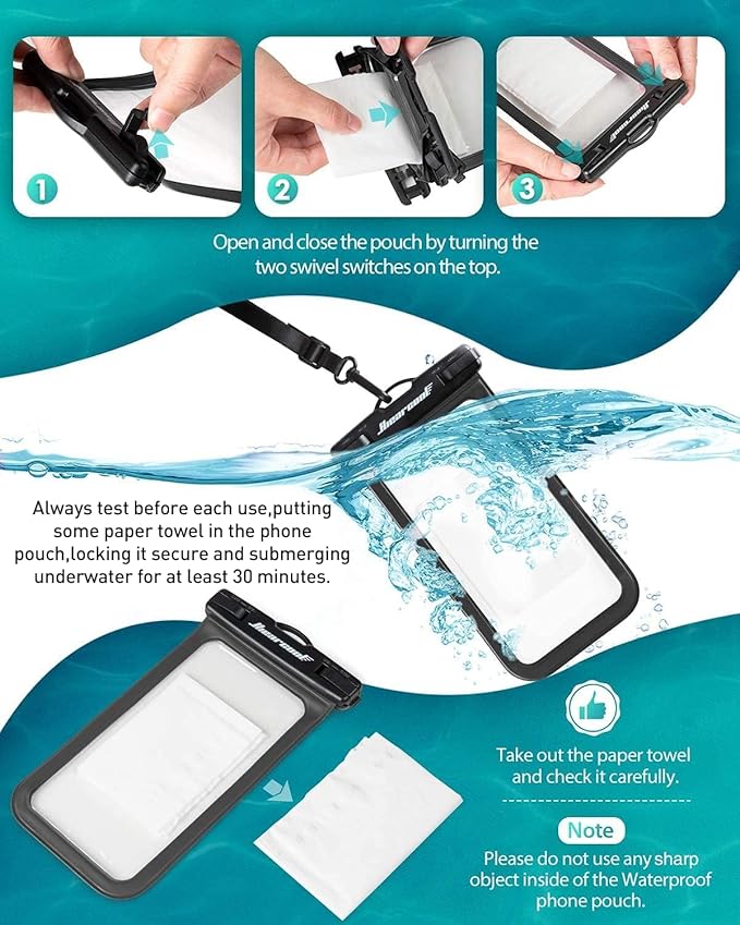 Hiearcool Universal Waterproof Phone Pouch,Underwater Dry Bag for iPhone 17 16 15 14 13 Pro Max XS Plus up to 8.3",IPX8 Cell Phone Case for Cruise Travel Essentials-Black&Clear-2Pack