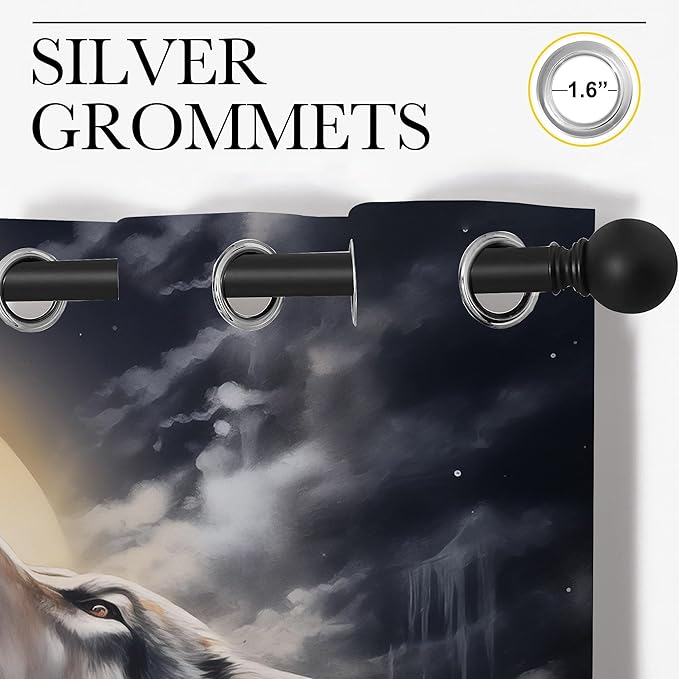 Fantasy Wolf Blackout Curtains for Boys Girl Bedroom Decor,Full Moon Starry Sky Wildlife Retro Thermal Insulated Grommet Drapes Darkening Window Curtain for Living Room Home 84x63 inch